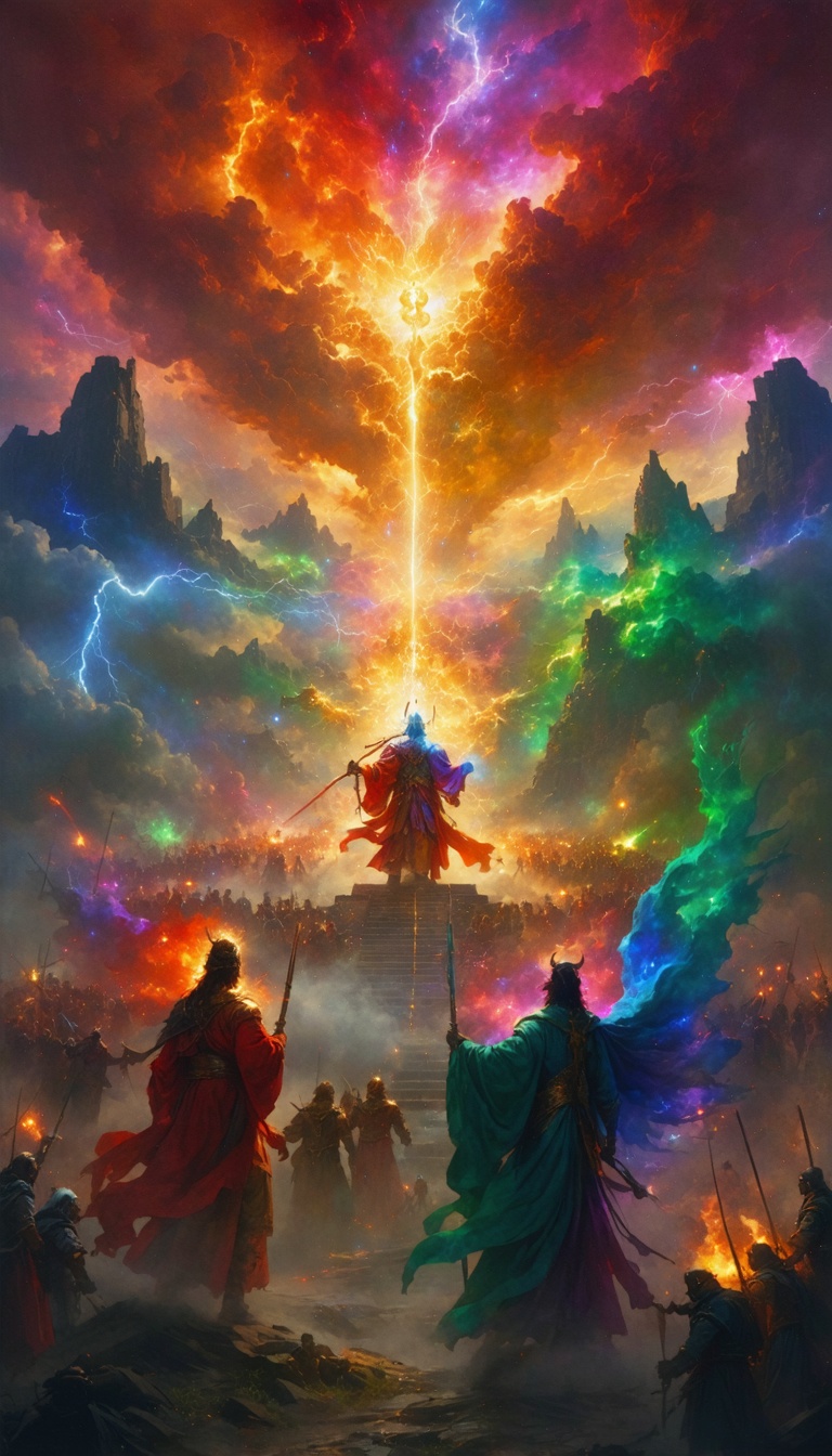 Celestial beings observing a grand battle from the heavens, their radiant forms filled with judgment and divine energy.