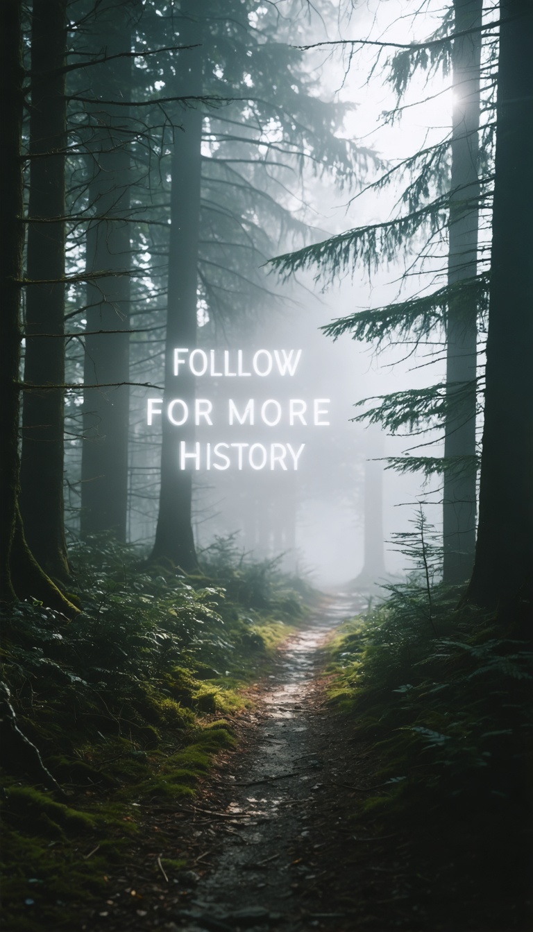 Forest path fading into white fog, viewer’s perspective blurring like a memory being erased, glowing text emerging in mist: FOLLOW FOR MORE HISTORY, slow cinematic fade to black, volumetric haze, vertical IMAX composition, 9:16.