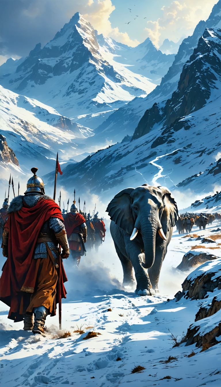 "Hannibal leading his army and war elephants across the snow-covered Alps, with soldiers struggling against the icy terrain."