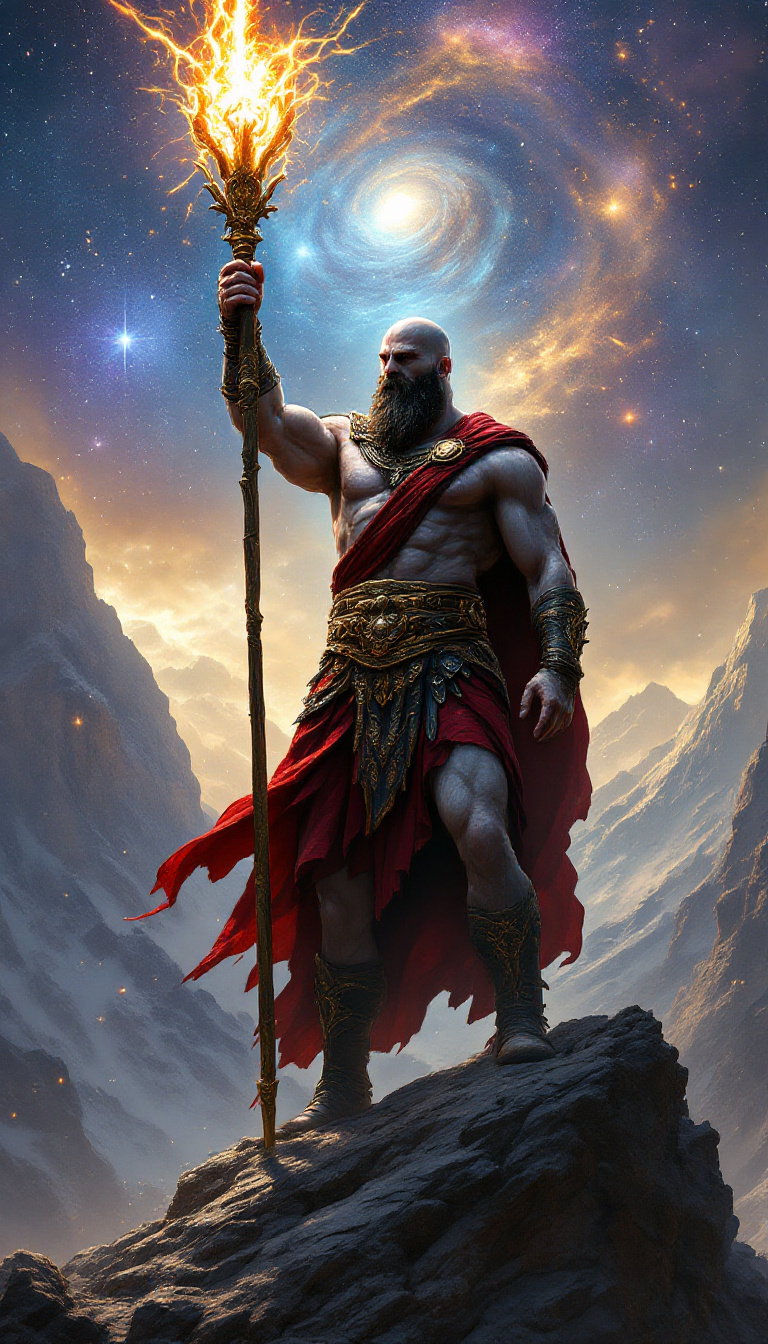 Kratos depicted as the enforcer of divine law, holding a radiant staff of power, standing on the peak of Olympus with the stars and cosmos swirling around him.