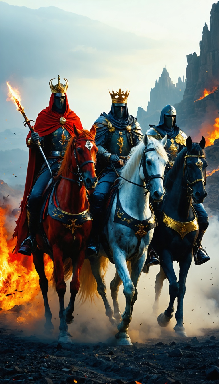 Create an ultra-realistic cover image featuring four distinct riders, each representing one of the Four Horsemen of the Apocalypse. Place them side by side, riding boldly across a desolate, apocalyptic landscape. Each horseman should be highly detailed:  The First Horseman on a majestic white horse, wearing a golden crown and holding a glowing, elegant bow, representing conquest and false peace. The Second Horseman on a fiery red horse, wielding a massive, bloodstained sword, symbolizing war and bloodshed. The Third Horseman on a sleek black horse, carrying a detailed, ornate scale in one hand, signifying famine and scarcity. The Fourth Horseman on a pale, ghostly greenish-white horse, shrouded in a dark hood, with a chilling skeletal figure, representing death and destruction. The landscape should be barren and filled with ruins, with skeletal remains scattered across the ground. The sky above should be ominous, swirling with dark clouds, fiery reds, and pale greens, creating a sense of doom and despair. Faint, glowing light should break through the clouds to illuminate the four riders, highlighting their power and ominous presence. The composition should be dynamic, with the horses in mid-gallop, their manes and tails flowing dramatically, emphasizing movement and chaos