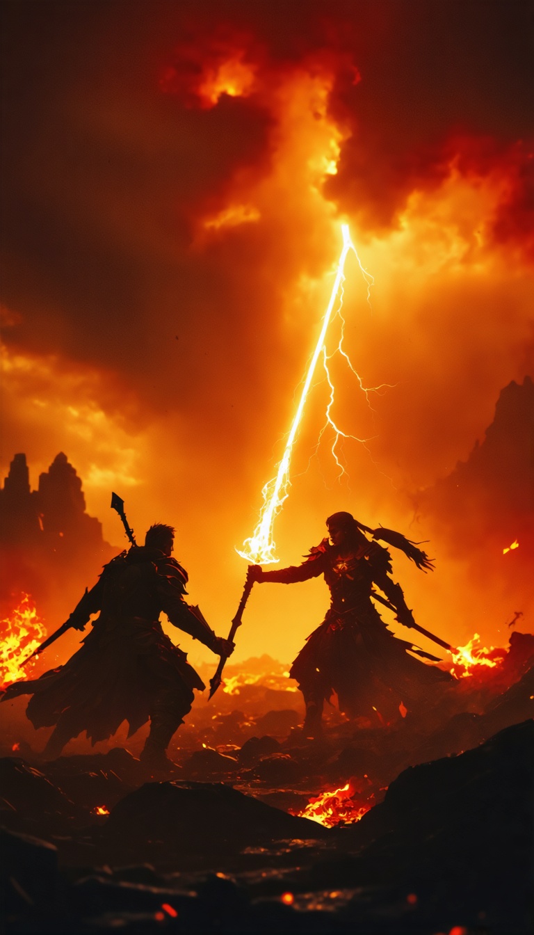 A dramatic clash of powers, with a warrior wielding fiery weapons facing a divine figure with a glowing spear, under a chaotic sky.