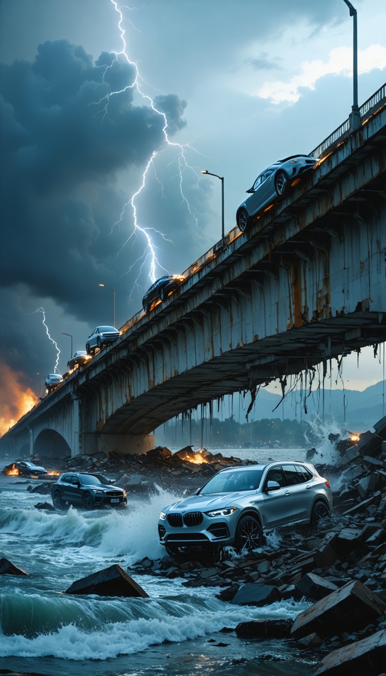 Silver Bridge collapsing into water, cars falling, dramatic lighting, hyper-realistic destruction.