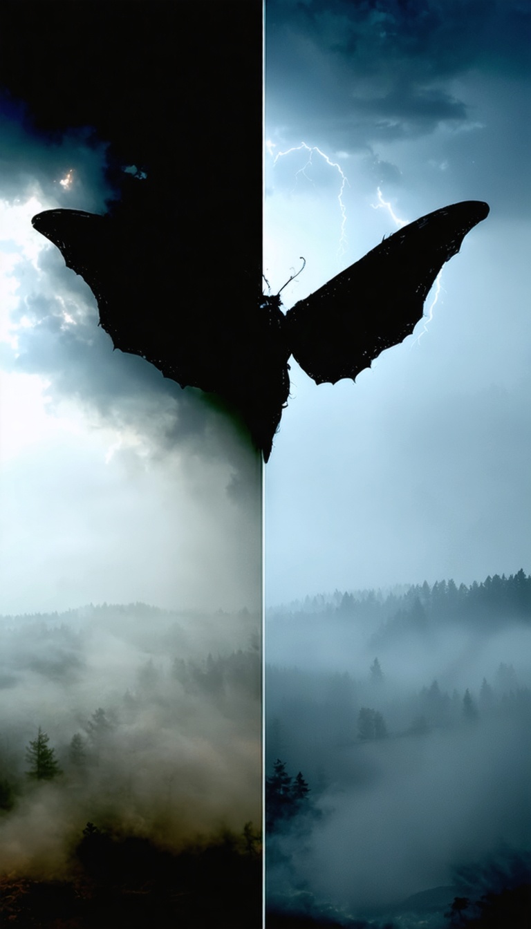 Split image: Mothman silhouette on one side, MIB silhouettes on other, fog blending.