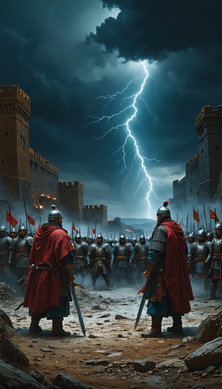 "A dramatic scene of Merv’s leaders negotiating with Mongol generals at the city gates, under a tense and ominous atmosphere."