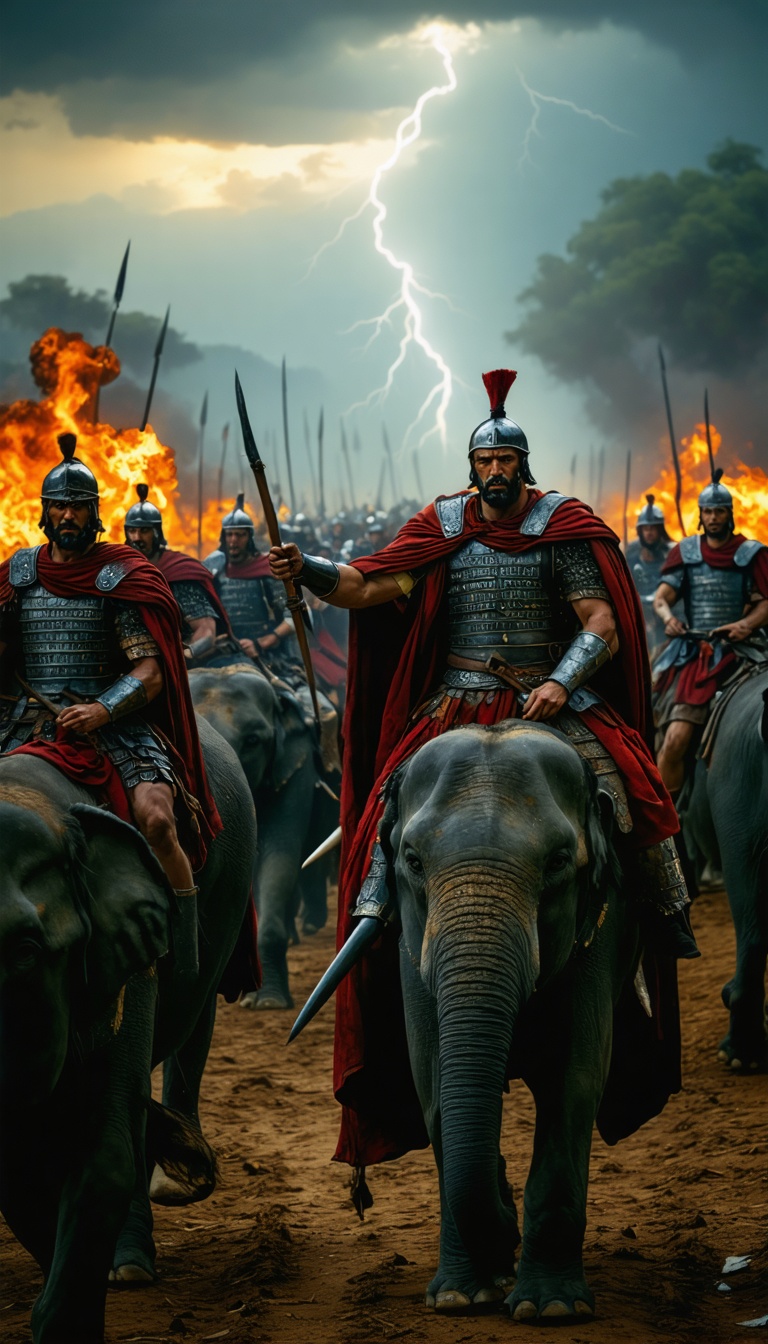 "Scipio Africanus directing Roman cavalry in the Battle of Zama, with Carthaginian elephants retreating in fear."