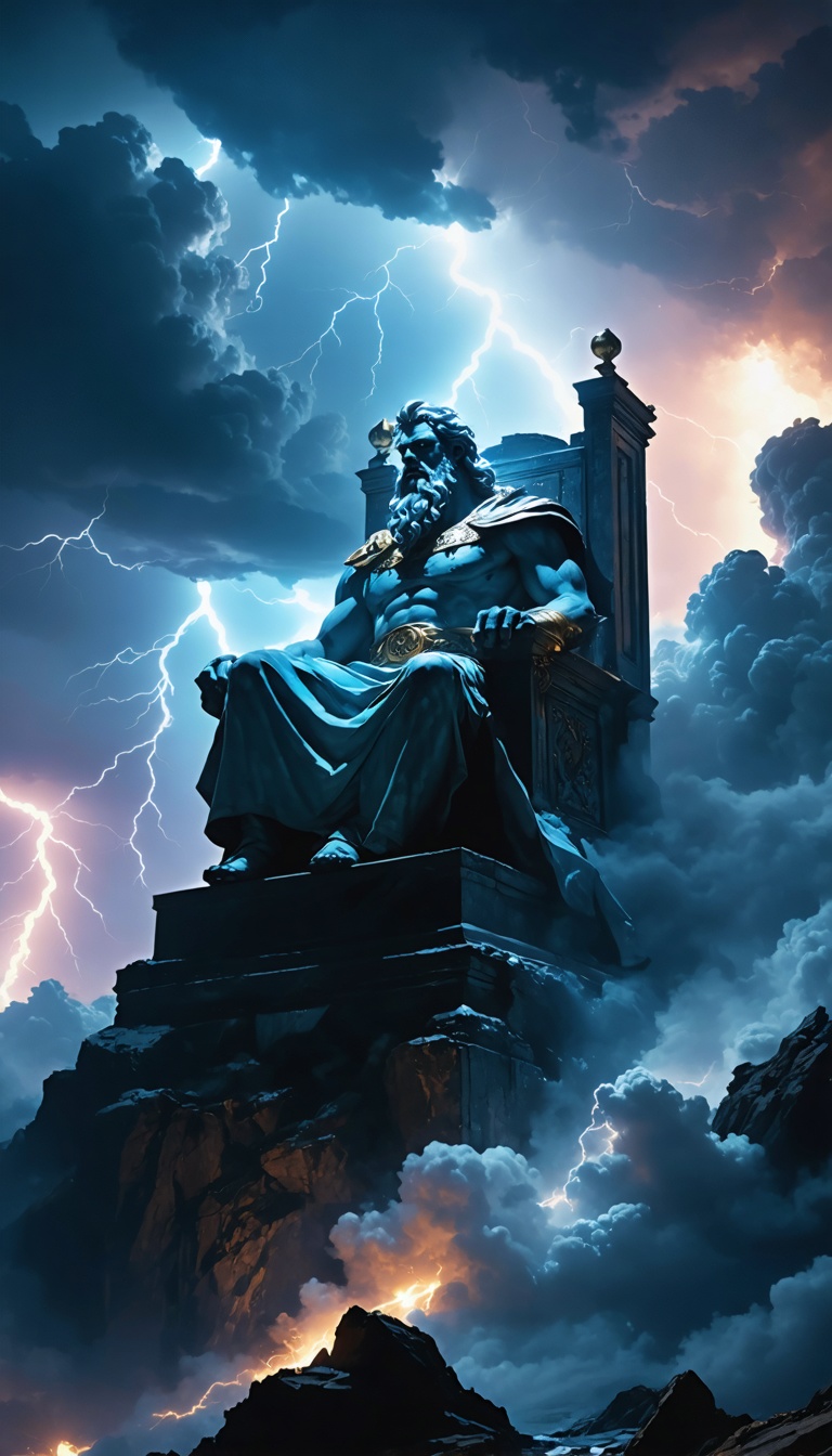 "Zeus seated on his throne atop Mount Olympus, surrounded by storms of lightning and clouds. His stern expression conveys authority and menace, holding his thunderbolt in hand.