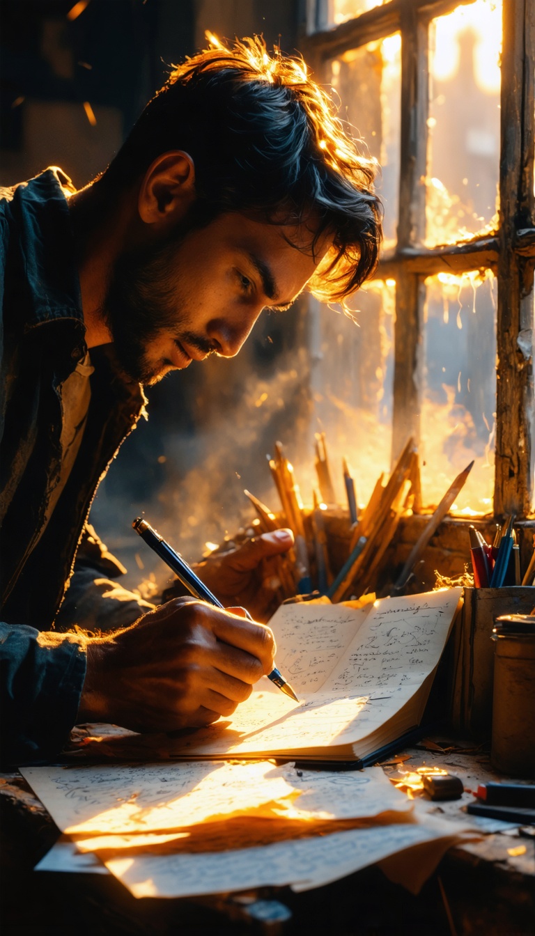 Man writing frantically in notebook at sunrise, sunlight piercing dusty window, papers scattered with sketches and dates, macro lens on handwriting, warm-orange beams with volumetric dust particles, cinematic realism, 9:16.