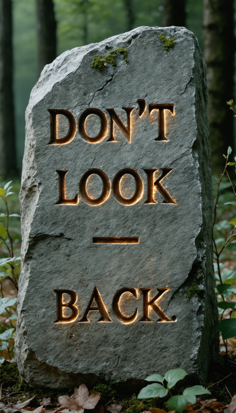 Close-up of ancient weathered stone in clearing carved with words: ‘DON’T LOOK BACK’, edges glowing faintly, camera slow push-in, macro detail on carving texture, chilling lighting, 9:16.