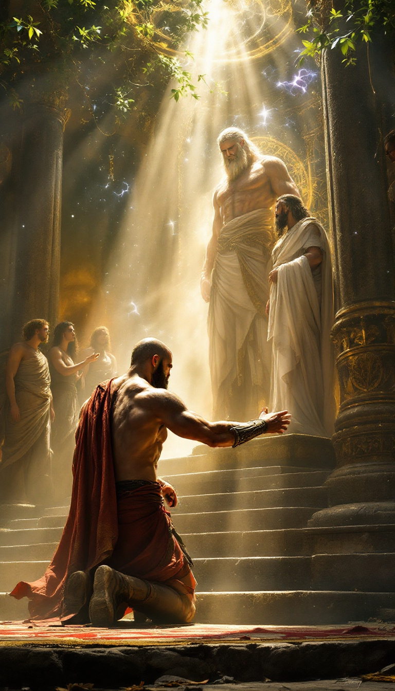 Kratos in a mythological scene, kneeling before the throne of Zeus, bathed in celestial light with other Olympian gods observing solemnly.