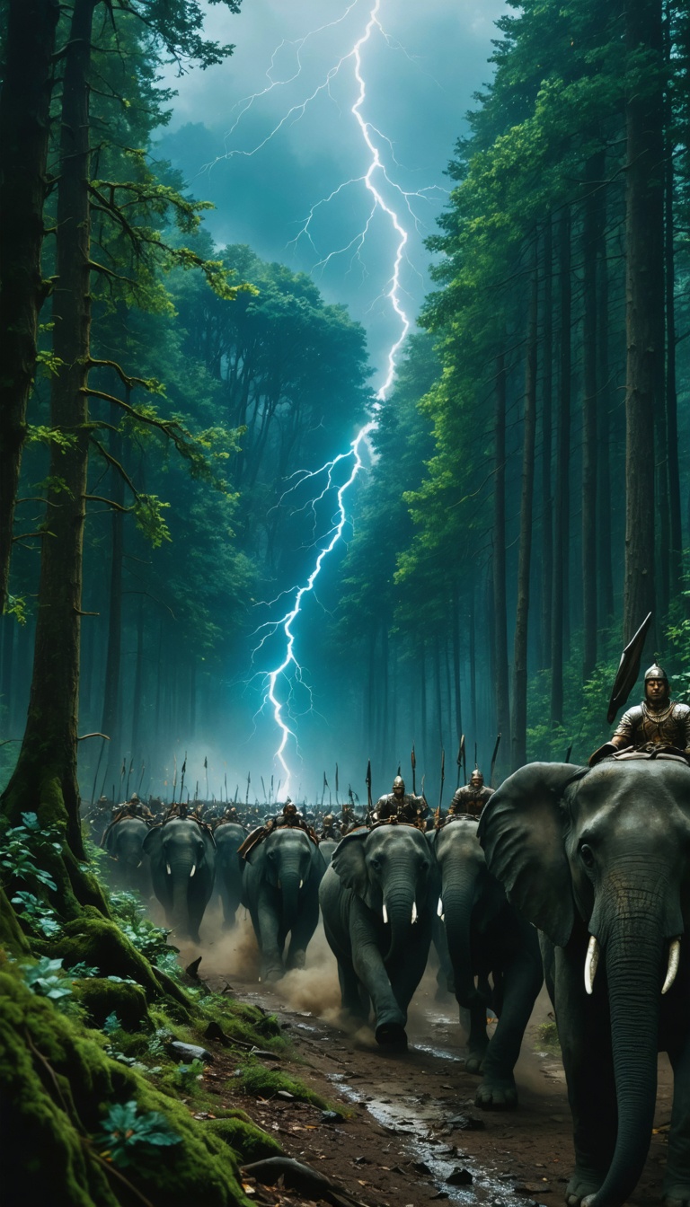 "Hannibal’s army ambushing Roman forces in a dense forest, with elephants charging through the trees."