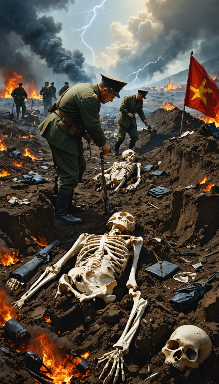 "A mass grave being filled with bodies, Soviet soldiers working methodically, with discarded personal belongings scattered around the scene."