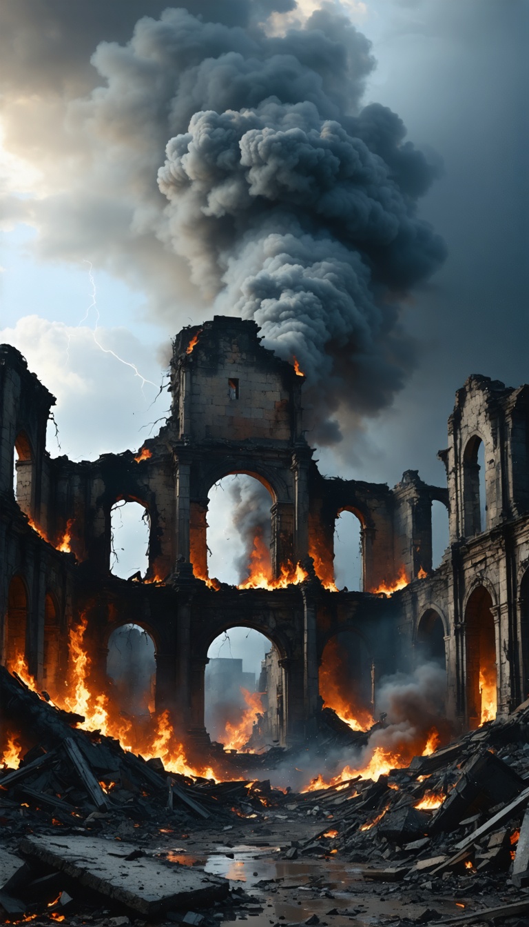 "The ruins of Merv, with charred remnants of buildings and smoke rising under a somber, ash-filled sky."