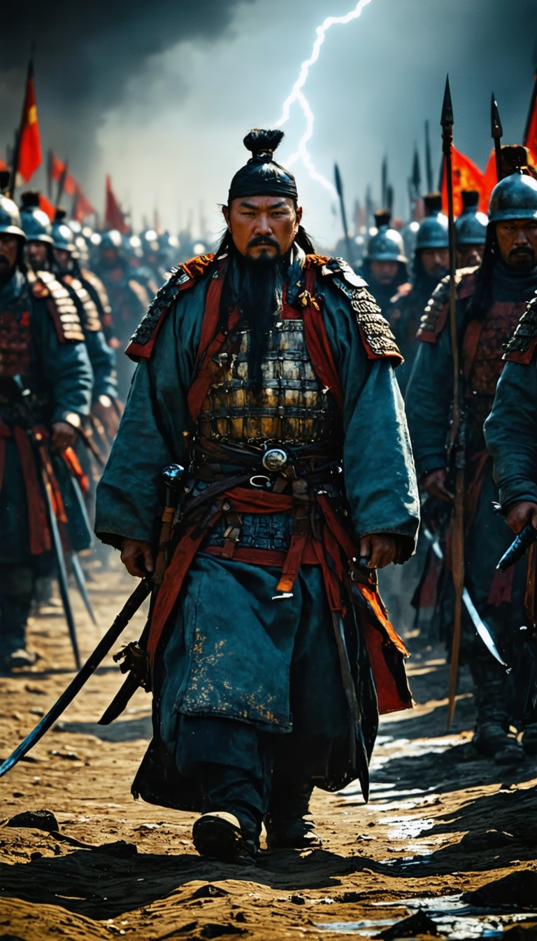 "A Mongol general delivering the final command to annihilate Merv, surrounded by soldiers armed with bows and swords."