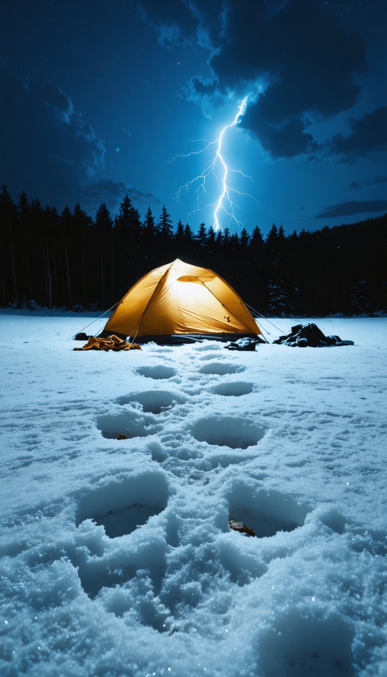 Footprints in snow leading away from tent, barefoot, scattered clothing, moonlit, eerie.