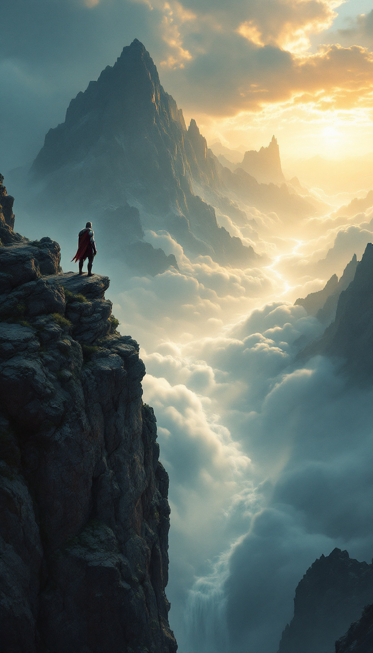 Kratos standing at the edge of Mount Olympus, gazing into the mortal realm, with an ethereal glow and a cascading river of clouds below.