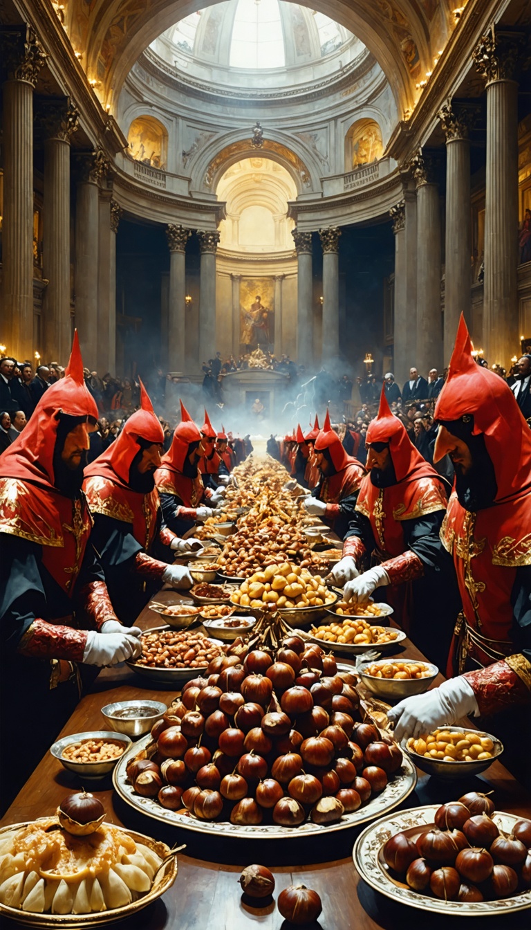 A decadent feast known as the "Banquet of Chestnuts" in a grand Vatican hall. Dozens of cardinals sit at a long table laden with extravagant food. Naked courtesans crawl on the floor, collecting chestnuts while participants watch with expressions of indulgence and debauchery.