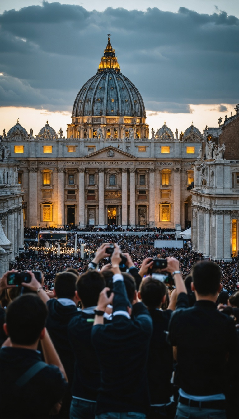 A breathtaking, ultra-realistic scene of a grand ceremony unfolding in Vatican City, under the gaze of thousands of onlookers and cameras from around the world. The iconic St. Peter's Basilica towers in the background, bathed in a warm, golden light that contrasts with the dark, dramatic sky above. The square is filled with a diverse crowd of people, from reporters with cameras flashing to pilgrims holding candles, their faces reflecting awe and curiosity. In the center of the scene, Pope Francis stands on an ornate platform, dressed in his ceremonial robes, holding a golden key aloft. Around him, high-ranking clergy in intricate vestments form a solemn circle, their expressions reverent. The atmosphere is charged with anticipation, as the entire world seems to hold its breath, waiting for the momentous act to unfold. Overhead, swirling clouds part slightly, revealing faint rays of divine light, adding to the mystique and gravity of the ceremony.
