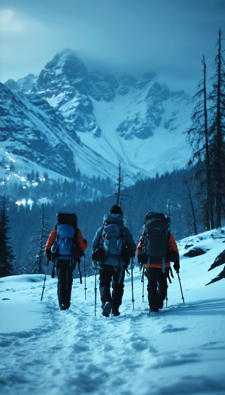 1959 hikers in winter gear trekking through Ural Mountains, cold blue tones, dramatic lighting, cinematic.