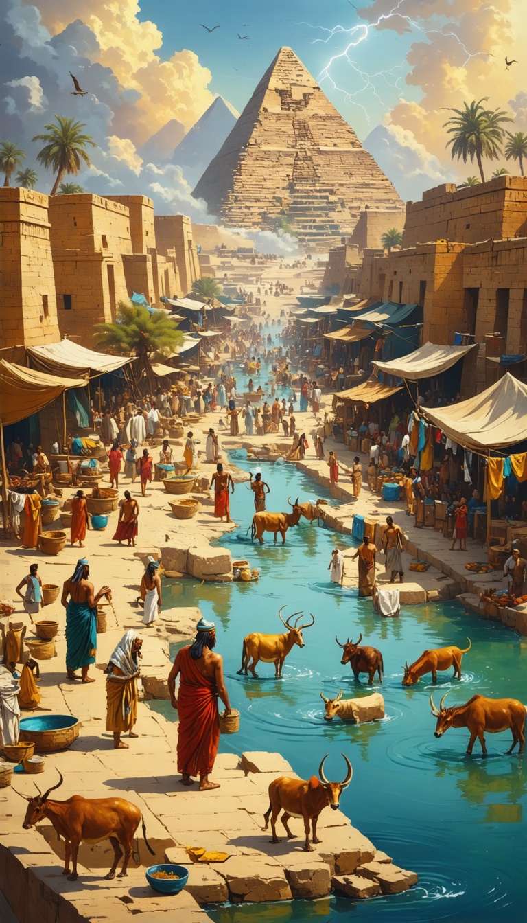 "A bustling ancient Egyptian marketplace near the Nile, with people washing clothes, fetching water, and bathing in the river while animals roam nearby."