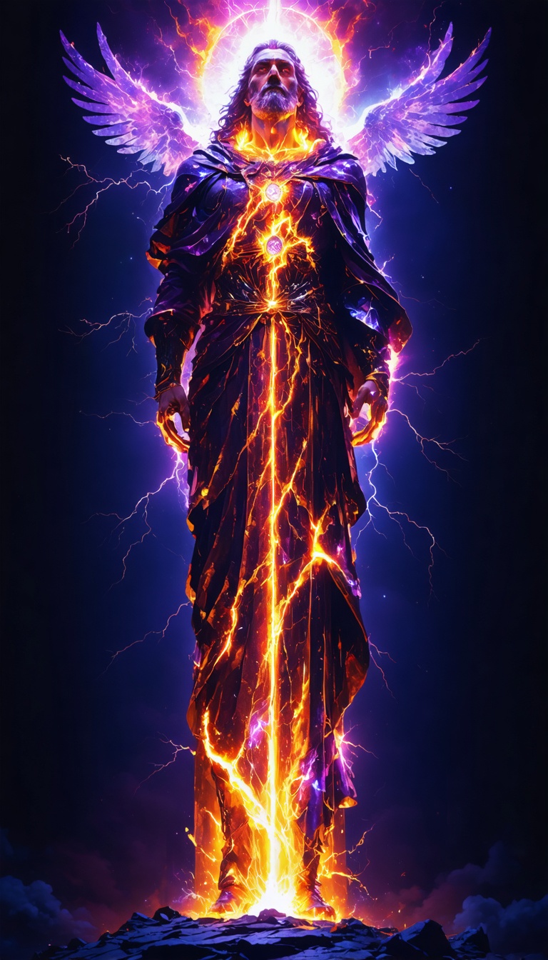 A towering divine figure calling upon the powers of the heavens, with celestial light and energy radiating from their form
