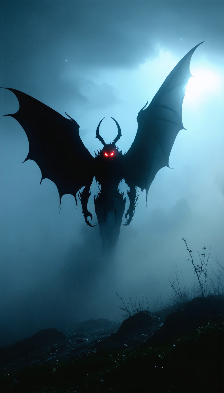 Silhouette of Mothman with glowing red eyes on hill at night, thick fog, eerie lighting, hyper-realistic 8k.