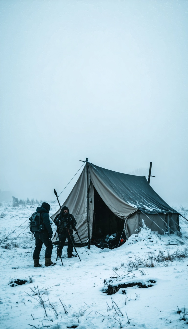 Search team discovering abandoned tent half-buried in snow, fog rising, cinematic 8k.