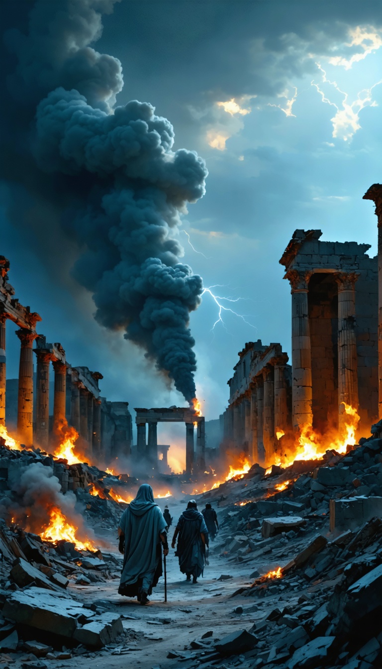 "The ruins of Carthage after its destruction, with smoke rising and survivors wandering through the desolation."