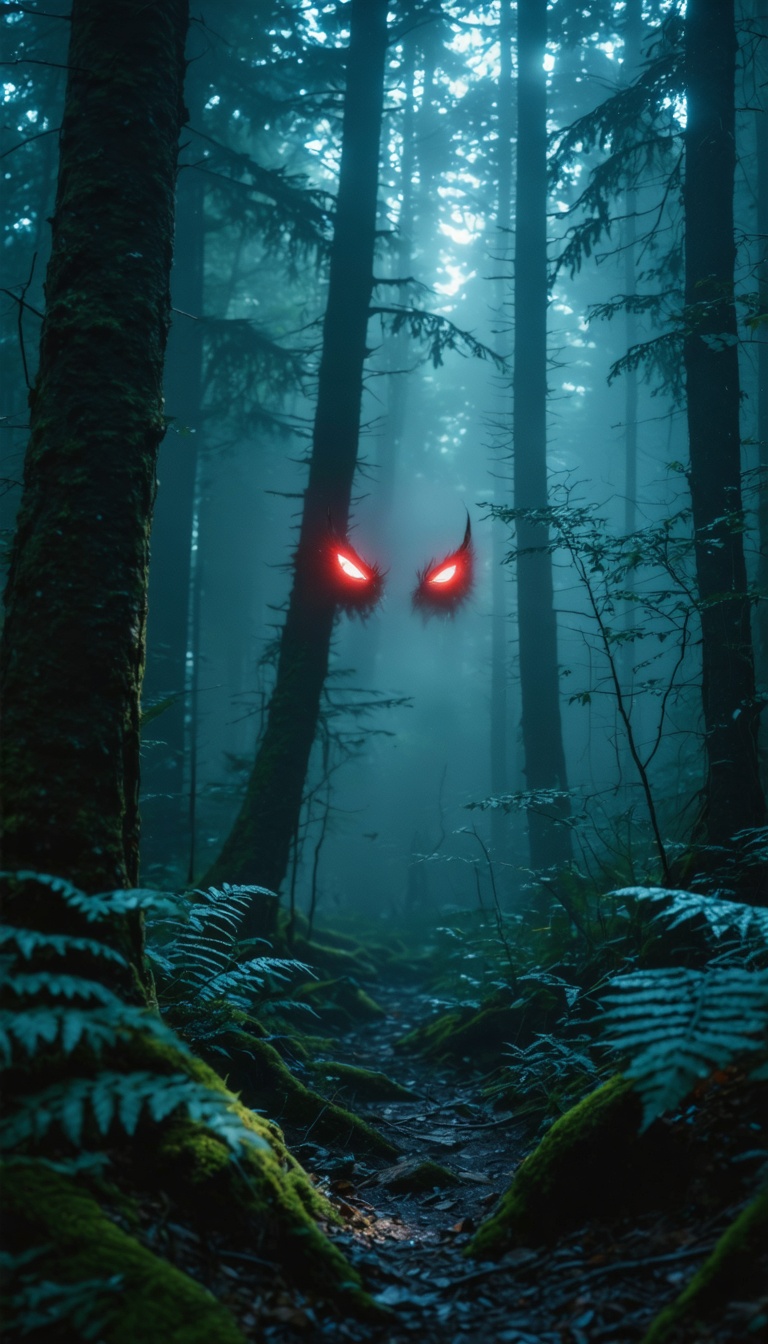 Pair of glowing red eyes in dense forest, fog and shadows, dark cinematic tone.