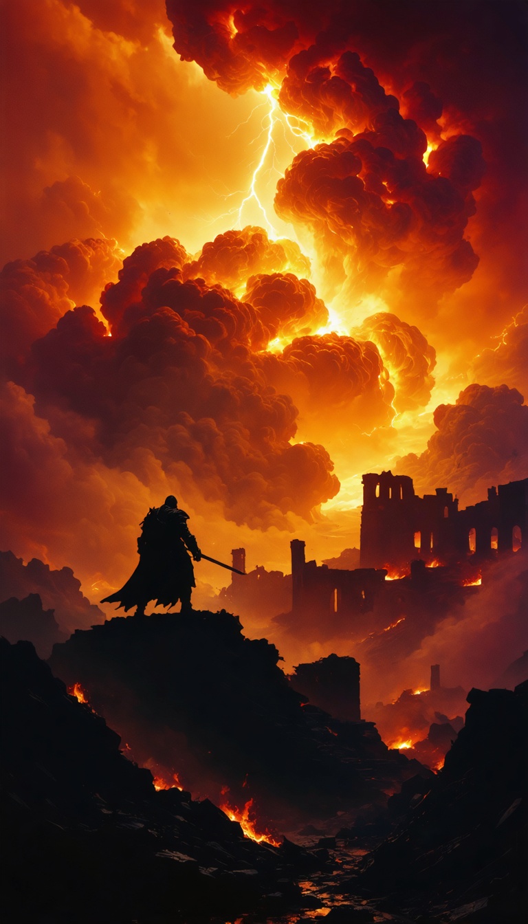 Kratos’s silhouette against a backdrop of fiery clouds and Olympus in ruins, symbolizing the cost of his vengeance against Zeus.