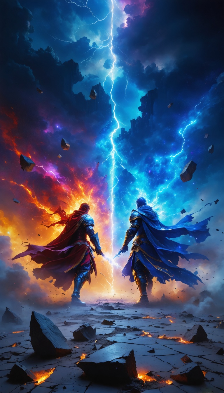 Two celestial warriors clashing amidst a cosmic battlefield, with fragments of the ground and sky breaking apart around them.