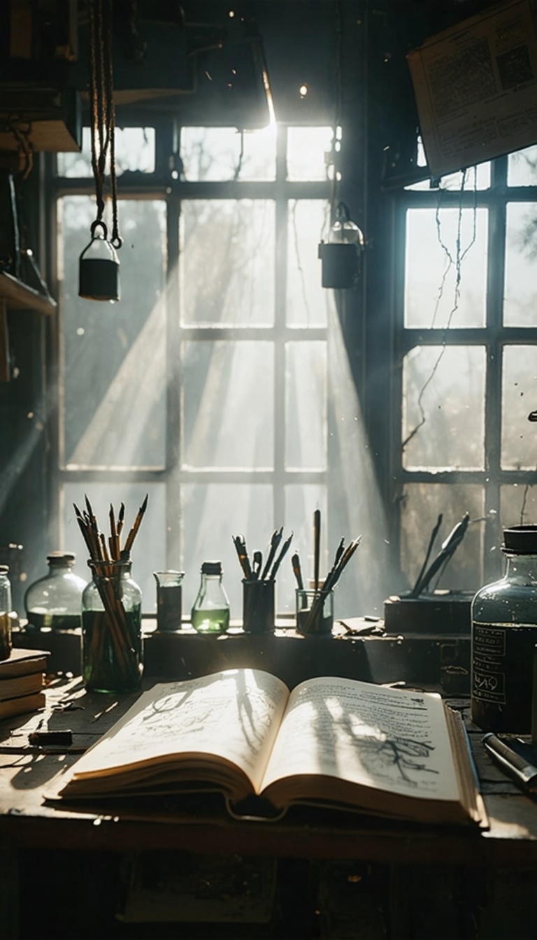 Morning light entering lab through small window, empty restraints hanging loose, journal left open with glowing ink sketches of a future day, dust floating in beam of light, dramatic IMAX wide shot, 9:16.