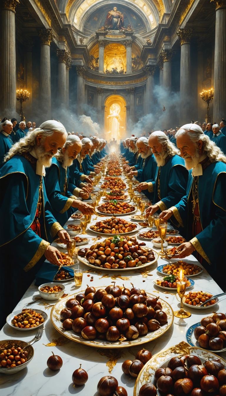 A decadent feast known as the "Banquet of Chestnuts" in a grand Vatican hall. Dozens of cardinals sit at a long table laden with extravagant food. Naked courtesans crawl on the floor, collecting chestnuts while participants watch with expressions of indulgence and debauchery.