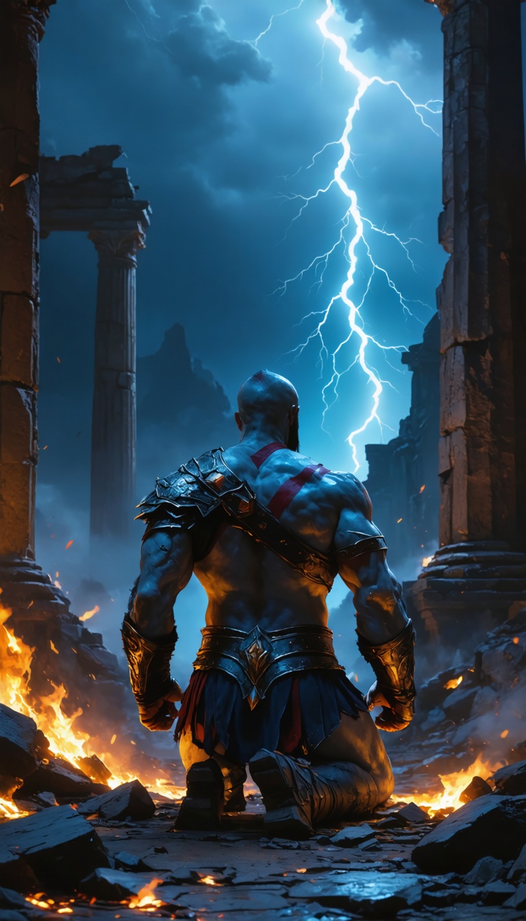 A reflective moment of Kratos after defeating Zeus, kneeling amidst the ruins, with flashes of his past haunting him in the background.