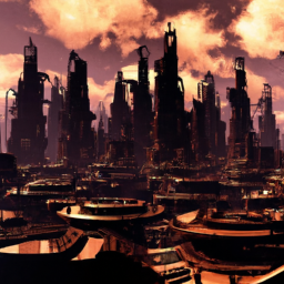 Generate an image of a futuristic cityscape at sunset.