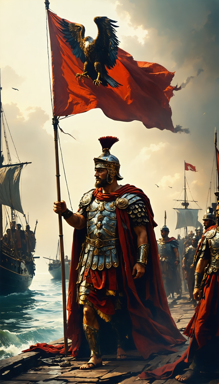 "A symbolic depiction of a Roman consul commanding his fleet, with the Roman eagle standard flying high above the ships."