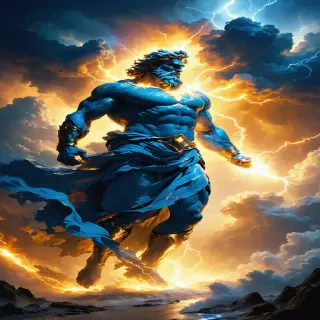Zeus wielding his thunderbolt with divine fury, his figure illuminated by the glowing storm clouds above.