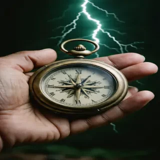 Close-up of compass spinning uncontrollably in trembling hand, pocket watch ticking irregularly then stopping, extreme macro clarity, shallow depth of field, cold greenish tint, cinematic lighting, 9:16.