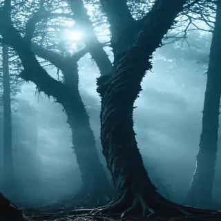 Surreal shot of fog drifting between twisted tree trunks, faint ghostly silhouettes forming and dissolving, whisper-like light distortions, supernatural volumetric fog, haunting blue-green palette, high contrast, vertical IMAX frame, 9:16.