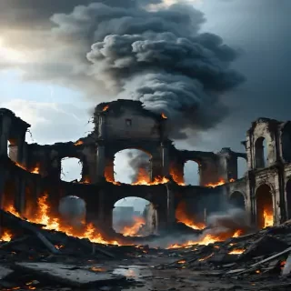 "The ruins of Merv, with charred remnants of buildings and smoke rising under a somber, ash-filled sky."