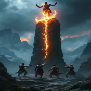 Kratos and Hephaestus chaining Prometheus to a towering rock under a stormy sky, flames of divine fire reflecting on their faces, with the boundless mountains of the world behind them.