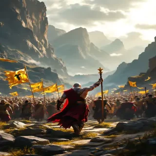 Kratos leading an army of divine warriors across a mountainous terrain, golden banners fluttering in the wind and Olympus visible in the distance.