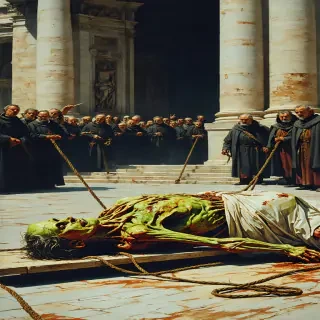 A grotesque depiction of Borgia's corpse. The body is bloated and discolored, lying on a simple plank. Figures in the background use ropes to drag the corpse into the imposing entrance of Saint Peter’s Basilica.