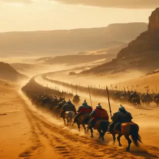 "The Mongol army marching toward Merv, their banners flying high, with endless rows of soldiers and horses crossing the desert."
