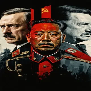 An ultra-realistic cover image combining the portraits of five historical figures, each representing a significant era of power and control. The figures are arranged in a balanced composition, with King Leopold II in regal attire, Adolf Hitler in formal military uniform, Genghis Khan in traditional Mongol armor, Joseph Stalin in a Soviet military tunic, and Mao Zedong in revolutionary attire. The background features a muted, darkened world map, with shadows of their actions subtly reflected in the environment. The lighting is dramatic, casting a somber tone over the portraits, emphasizing the weight of their legacies in history.