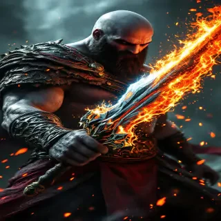 Kratos wielding an enchanted weapon forged by Hephaestus, the blade emanating fiery energy and surrounded by sparks of divine power.