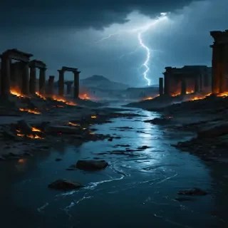 "The Tigris River running dark, symbolizing the ink from destroyed manuscripts and the bloodshed during the Mongol conquest, with charred ruins along the riverbanks."