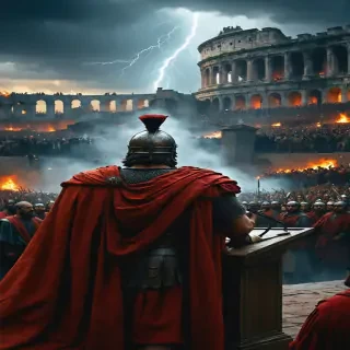 The execution of Vercingetorix in Rome, with a cheering crowd and a grim Caesar watching from a podium.