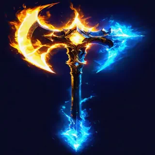 A symbolic depiction of the creation of legendary weapons: a glowing axe forged in icy flames and a spear radiating golden light.