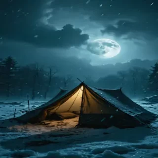 Abandoned tent in snowstorm at night, eerie moonlight, strong winds, hyper-realistic, 8k, cinematic dark atmosphere.